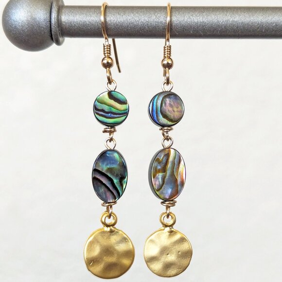 14K Gold Filled Rainbow Abalone Shell Dangle Earrings - Picture 1 of 2